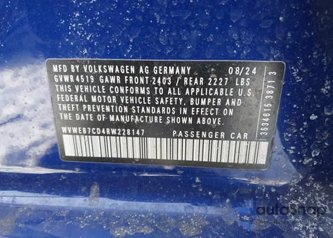 2024 Volkswagen Golf R 2.0T из США, поврежденный, VIN WVWEB7CD4RW228147